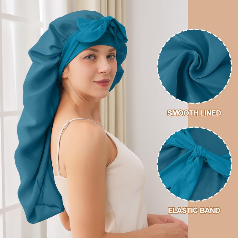 Supaze Long Satin Bonnet for Sleeping, Satin Lined Braid Bonnet with Elastic Band, Long Strap Bonnets for Women Braids(Dark Blue) showercap - Image 2